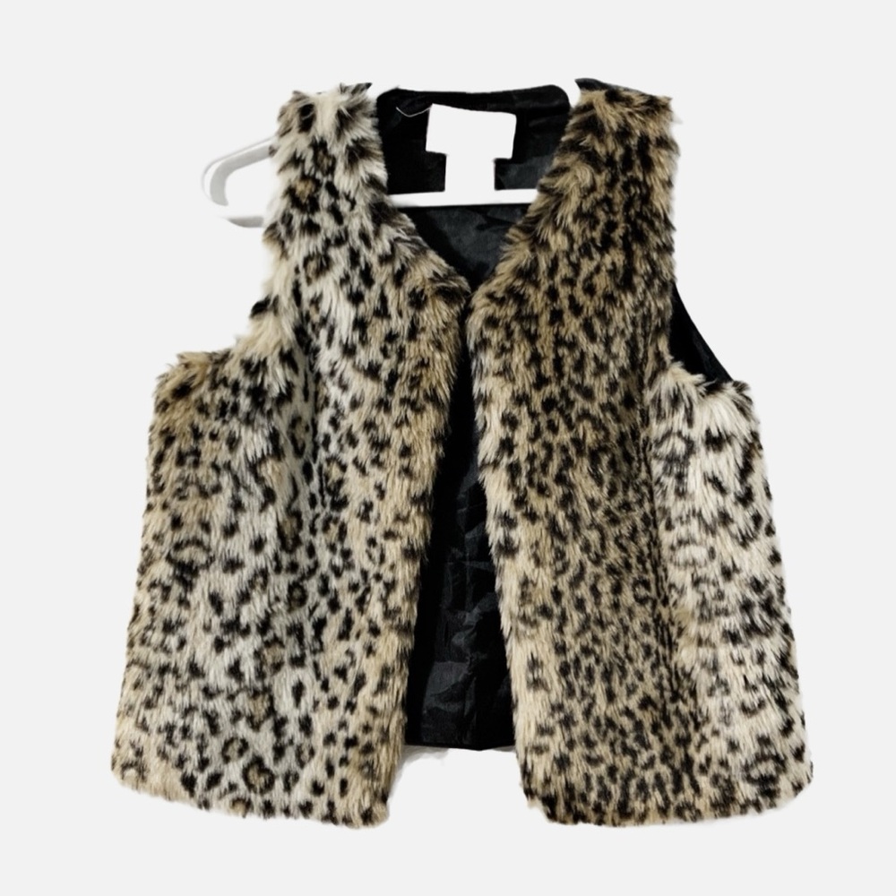 TeddyBoom Teddy Leopard Print Fur Front Faux Leather Back Lined Open Front Vest
